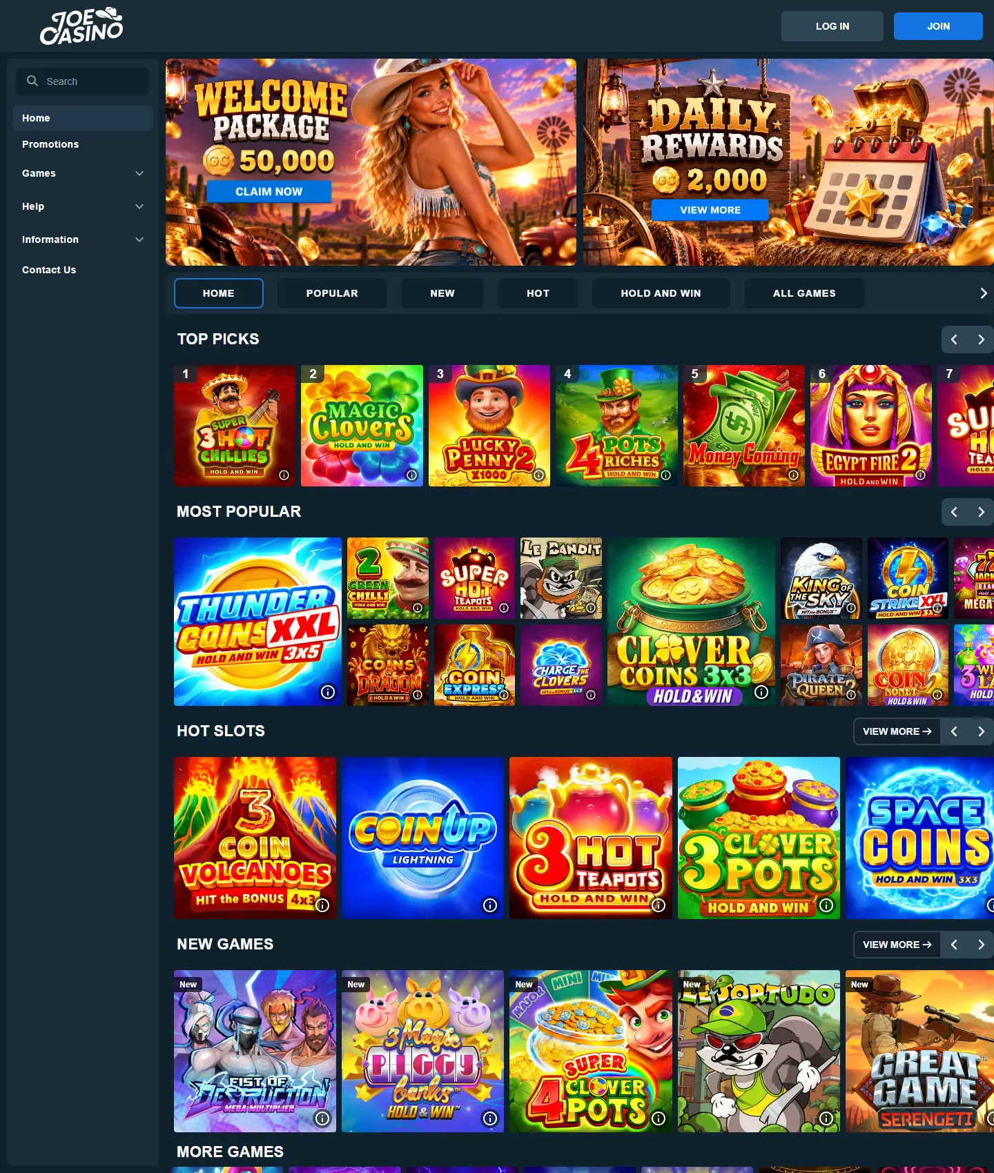 Screenshot of the Joe Casino website